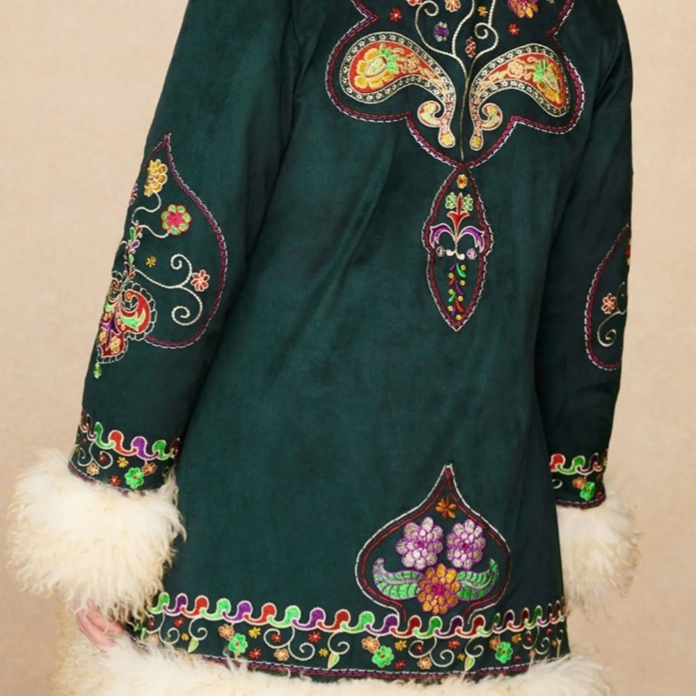 Embroidered Green Coat with Fur Trim